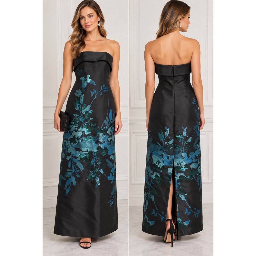 NWT Aidan Mattox 2 Black Blue Teal Metallic Jacquard Floral Strapless Gown Dress